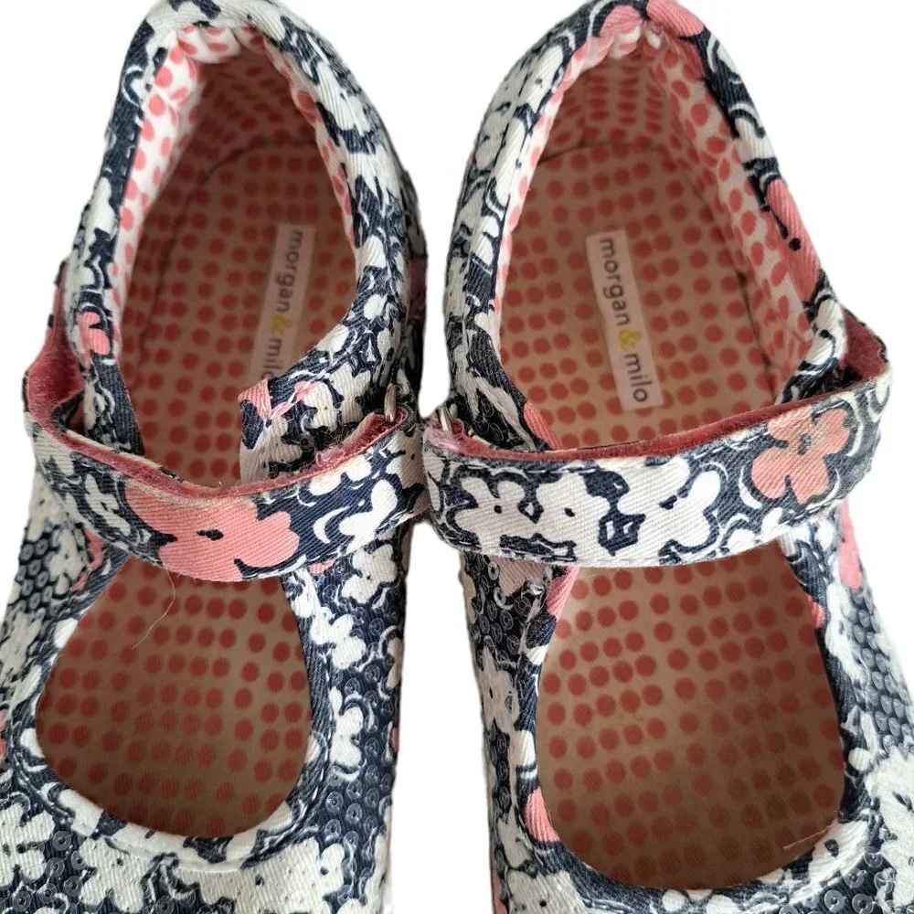 Morgan & Milo Girl's Pink Black & White Mary Jane Floral Canvas Sneakers Size 2